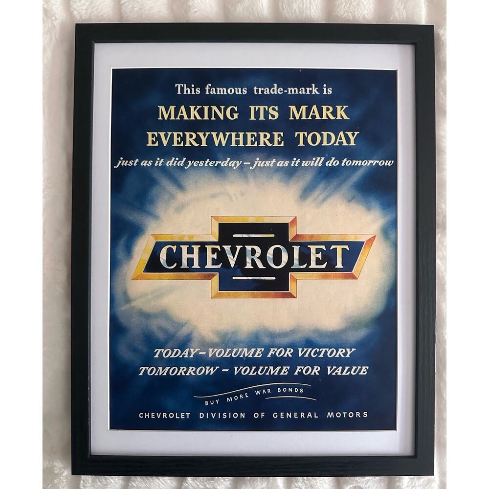 Framed 1945 VTG Original Magazine Ad CHEVROLET Famous Trade-Mark Everywhere